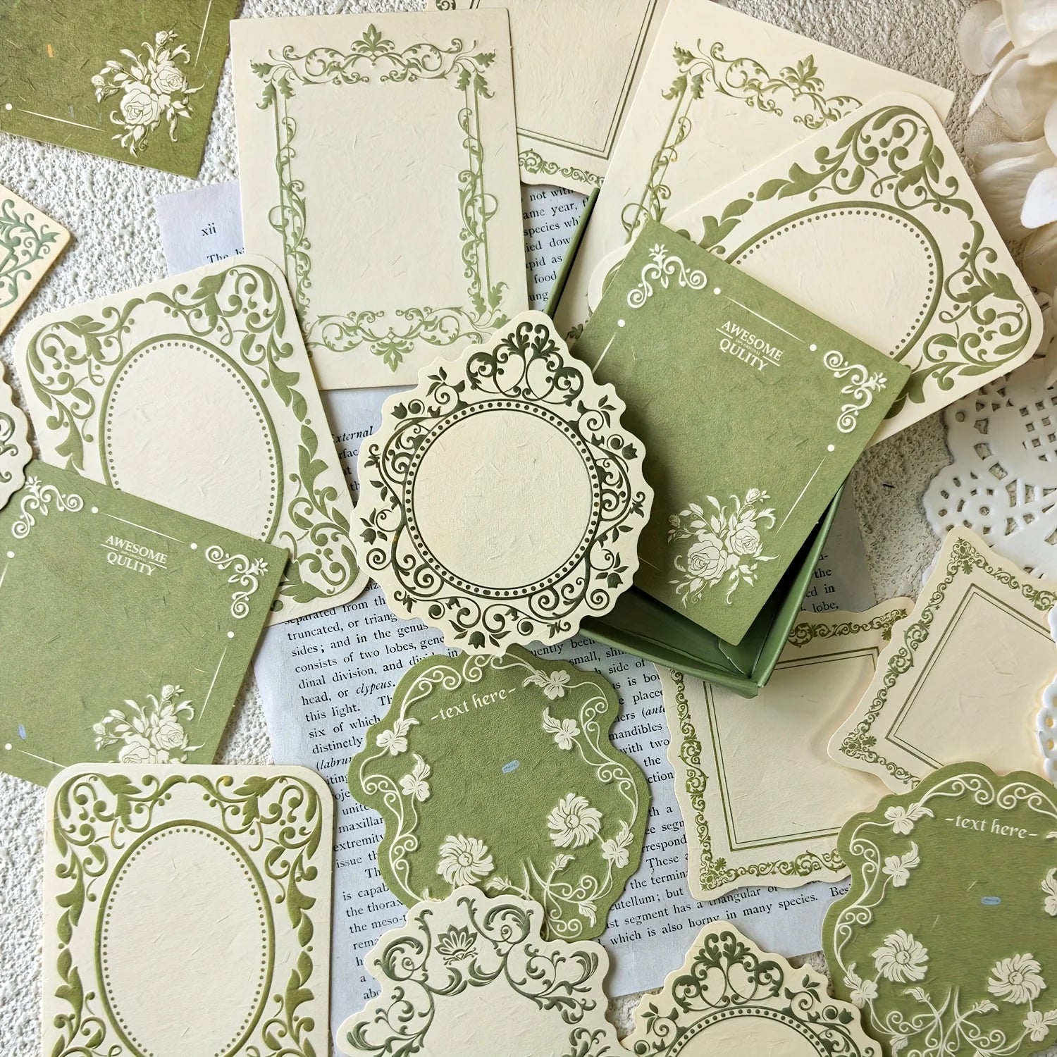 1 box of 30 sheets retro embossed floral border DIY writable decorative hard cardstock paper for scrapbooking Boxed sticky notes